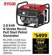 Builders Warehouse Ryobi 2.0 kva 4 stroke recoil pull start petrol generator offer