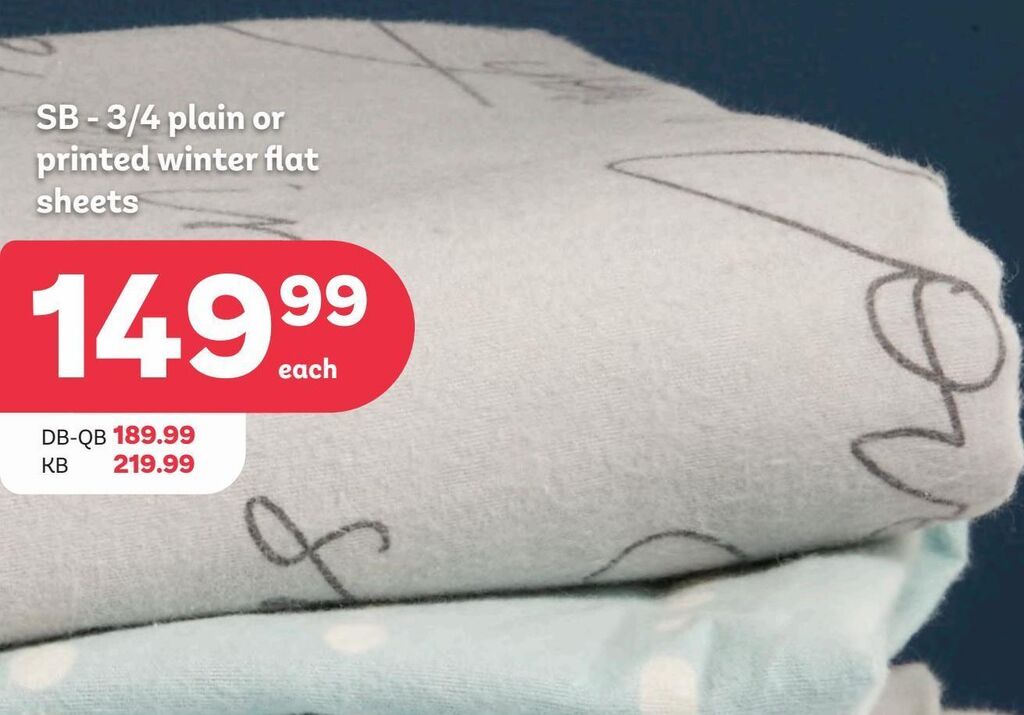 Sb 3/4 plain or printed winter flat sheets offer at PEP