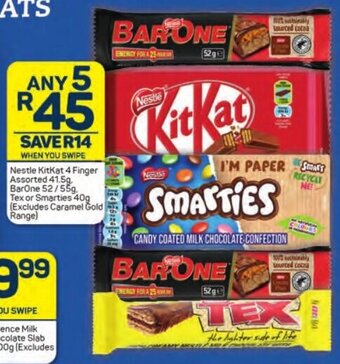 Pick n Pay Nestle KitKat 4 Finger Assorted 41.5g. BarOne 52/55g. Tex or Smarties 40g (Excludes Caramel Gold Range) offer