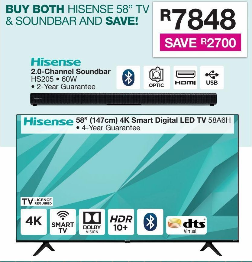 Hisense 58(147cm)4k smart l.e.d. tv 58a6h offer at House & Home
