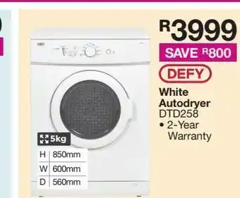 House & Home Defy 5kg white dryer dtd258 offer