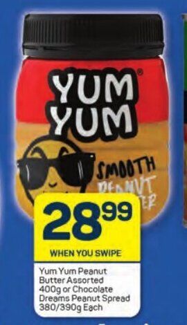 Pick n Pay Yum Yum Peanut Butter Assorted 400g or Chocolate Dreams Peanut Spread 380/390g Each offer