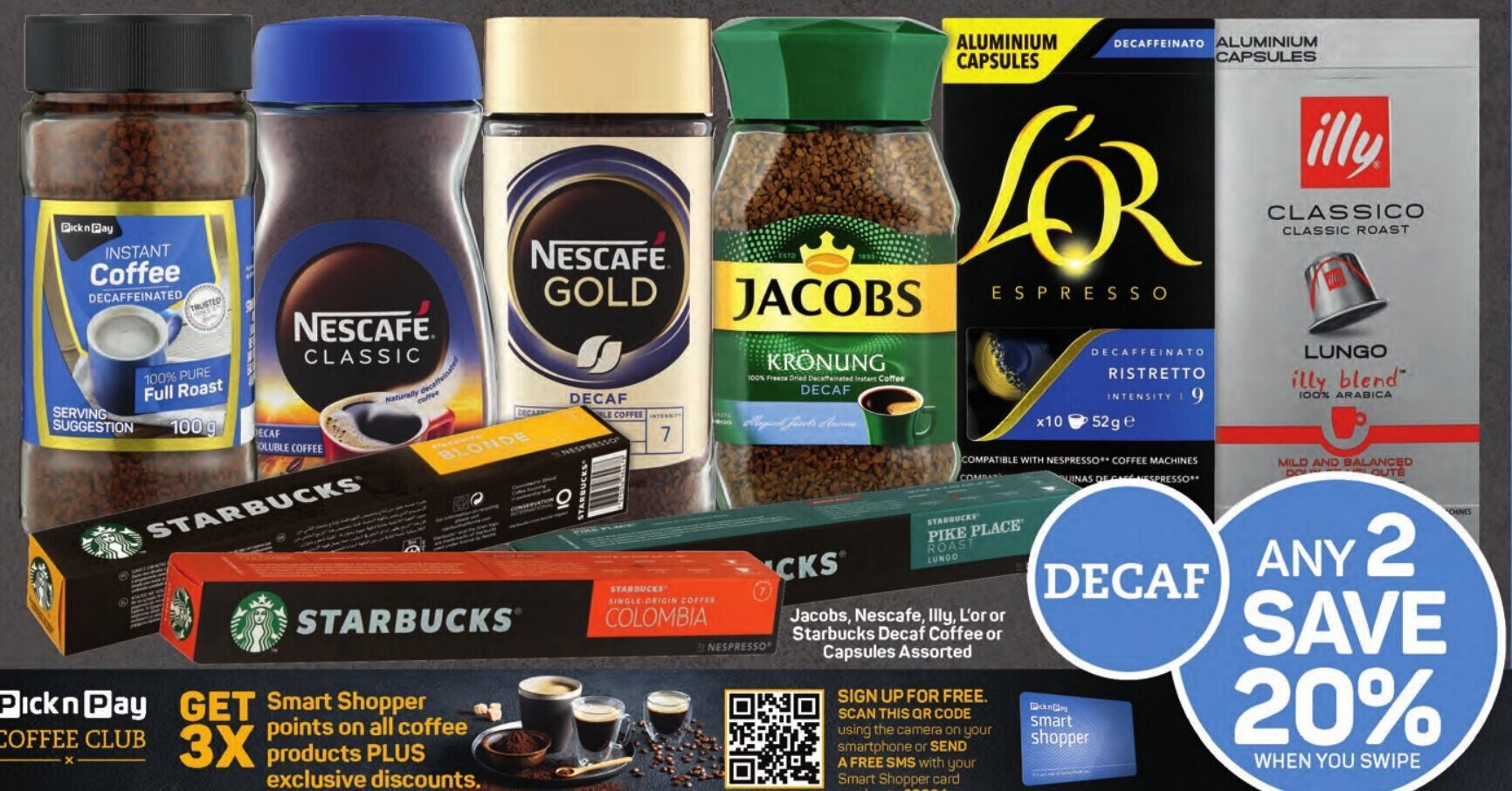 Jacobs, Nescafe, Illy, L'or or Starbucks Decaf Coffee or Capsules