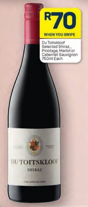 Pick n Pay Du Toitskloof Selected Shiraz,. Pinotage, Merlot or Cabernet Sauvignon 750ml Each offer