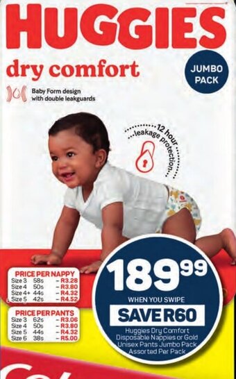 Pick n Pay Huggies Dry Comfort Disposable Nappies or Gold Unisex Pants Jumbo Pack Assorted Per Pack offer