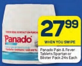 Panado Pain & Fever Tablets Spartan or Blister Pack 24s Each