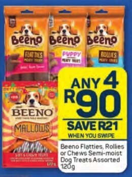 Pick n Pay Beeno Flatties, Rollies or Chews Semi-moist Dog Treats Assorted 120g offer