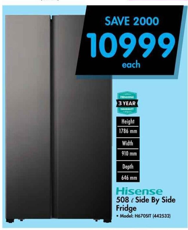 Hisense 508 Side By Side Fridge offer at Makro