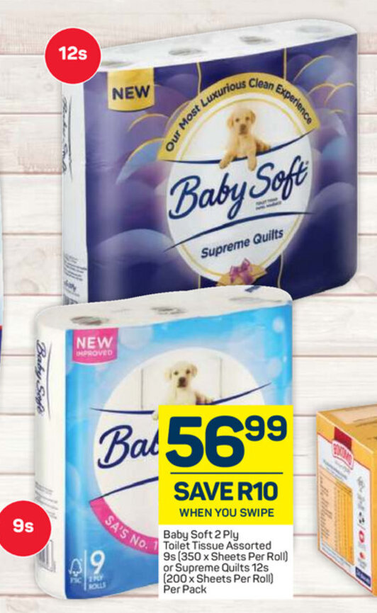 Baby Soft 2 Ply Toilet Tissue 9s or Supreme Quilts 12s offer at Pick n Pay