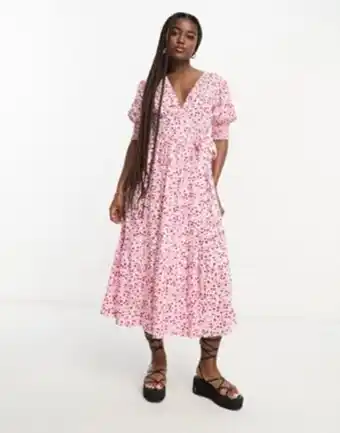 Asos Influence wrap front midi dress in pink floral print offer