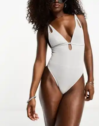 Asos Luxe palm glitter textured double strap swimsuit in silver offer
