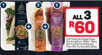 Pick n Pay PnP Honey & Ginger Soya Stir Fry Sauce 100ml, Tasty Stir Fry Stems 400g an Plain Stir Fry Noodles 250g offer