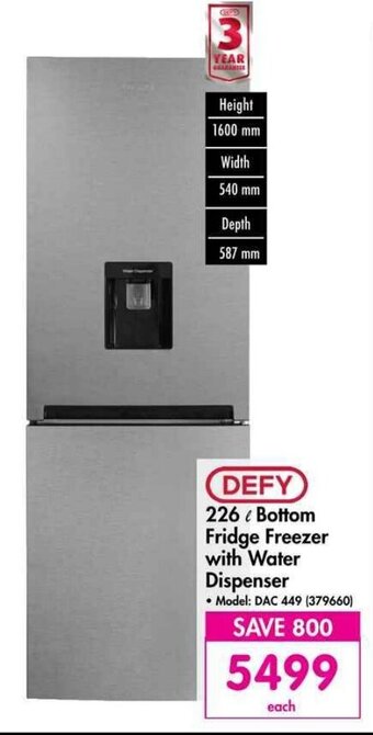 Makro DEFY 226l Bottom Fridge Freezer with Water Dispenser offer