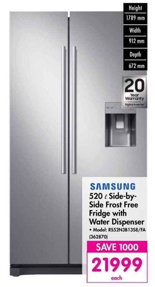 SAMSUNG 520l SidebySide Frost Free Fridge with Water Dispenser offer