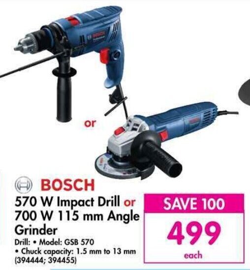 BOSCH 570 W Impact Drill or 700 W 115 mm Angle Grinder offer at Makro