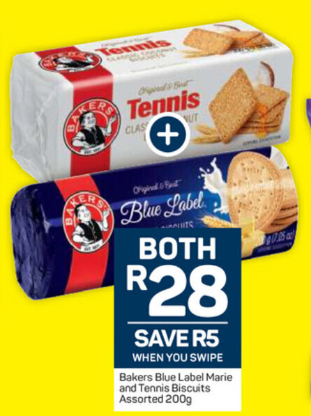 Bakers Blue Label Marie and Tennis Biscuits 200g offer at Pick n Pay