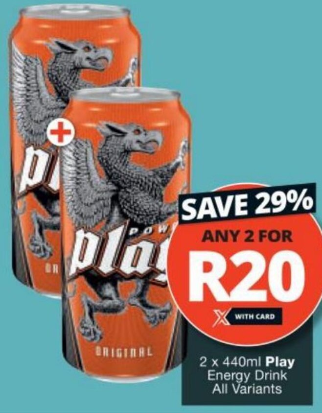 2 x 440ml Play Energy Drink All Variants offer at Checkers