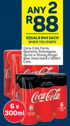 Pick n Pay Coca-Cola, Fanta, Sparletta, Schweppes, Sprite or Stoney Ginger Beer 6x300ml Cans offer
