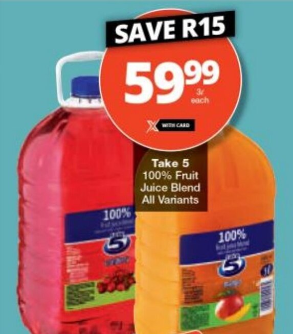 Take 5 100 Fruit Juice Blend All Variants offer at Checkers