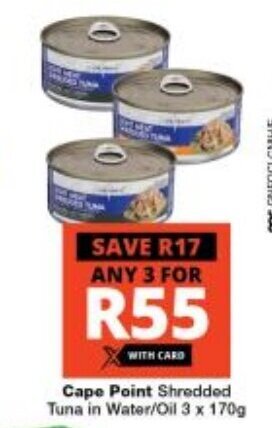 Checkers Cape Point Shredded Tuna in Water/Oil 3 x 170g offer