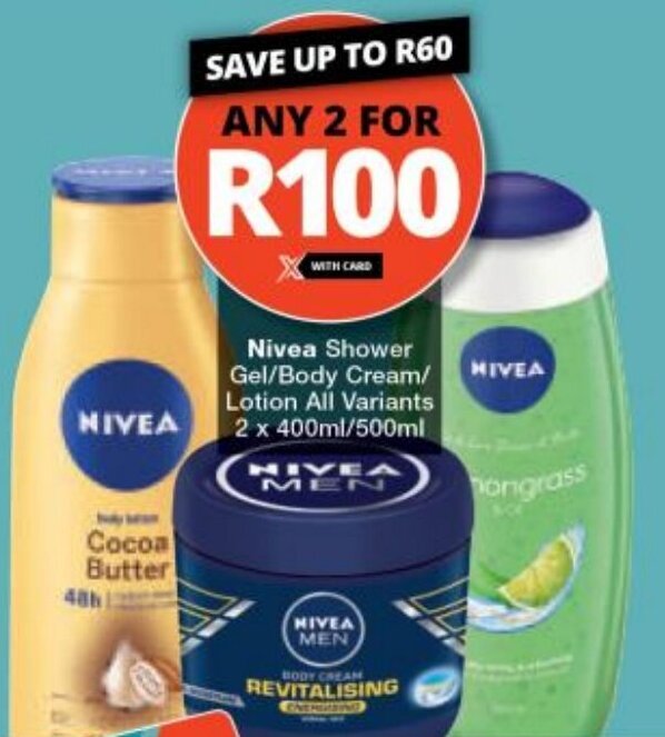 Nivea Shower Gel/Body Cream/ Lotion All Variants 2x400ml/500ml offer at