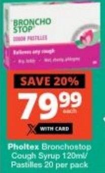 Checkers Pholtex Bronchostop Cough Syrup 120ml/ Pastilles 20 per pack offer