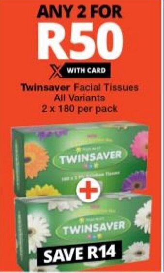 Checkers Twinsaver Facial Tissues All Variants 2 x 180 per pack offer