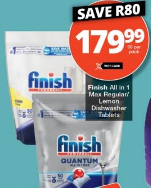 Finish All in 1 Max Regular/ Lemon Dishwasher Tablets offer at Checkers