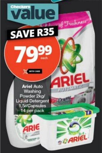 Checkers Ariel Auto Washing Powder 2kg/ Liquid Detergent 1,5//Capsules 14 per pack offer