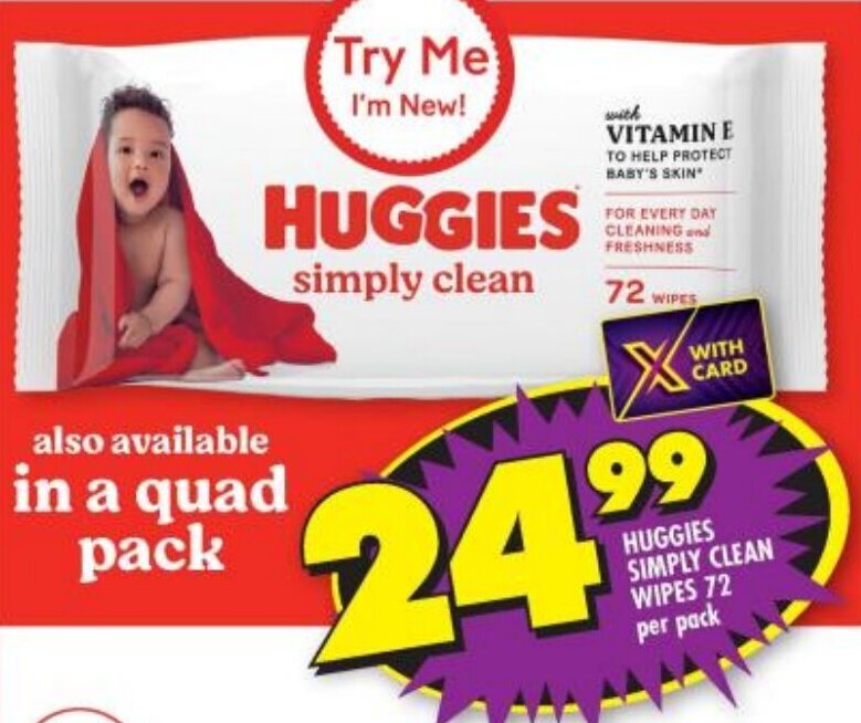 HUGGIES SIMPLY CLEAN WIPES 72 per pack offer at Shoprite
