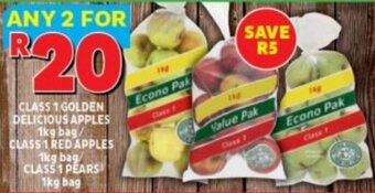 CLASS 1 GOLDEN DELICIOUS APPLES 1kg bag/ CLASS 1 RED APPLES 1kg bag/CLASS 1 PEARS 1kg bag