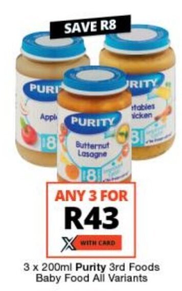 3 x 200ml Purity 3rd Foods Baby Food All Variants offer at Checkers