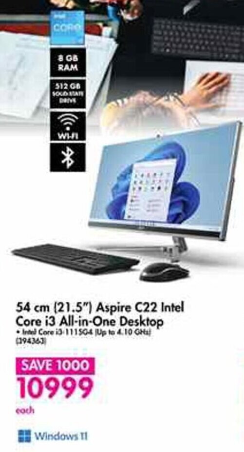 54 cm (21.5") Aspire C22 Intel Core i3 AllinOne Desktop offer at Makro