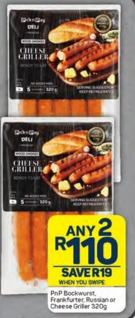 Pick n Pay PnP Bockwurst, Frankfurter, Russian or Cheese Griller 320g offer