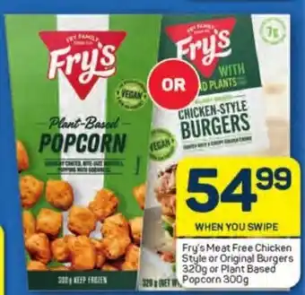Pick n Pay Fry's Meat Free Chicken Style or Original Burgers 320g or Plant Based ET Popcorn 300g offer