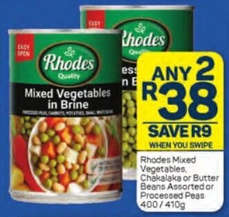 Pick n Pay Rhodes Mixed Vegetables, Chakalaka or Butter Beans Assorted or Processed Peas 400/410g offer