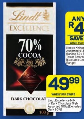 Pick n Pay Lindt Excellence Milk or Dark Chocolate Slab Assorted 100g (excludes dark 90%) offer
