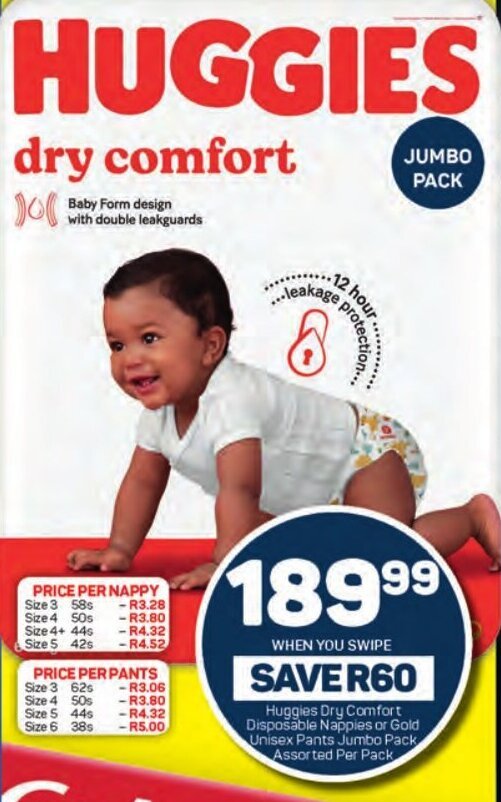 Huggies Dry Comfort Disposable Nappies or Gold Unisex Pants Jumbo Pack