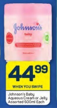 Pick n Pay Johnson's Baby Aqueous Cream or Jelly Assorted 500ml Each offer
