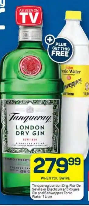 Tanqueray London Dry, Flor De Sevilla or Blackcurrant Royale Gin and Schweppes Tonic Water 1 Litre