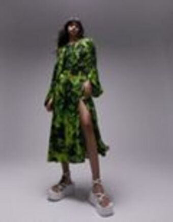 Asos Topshop ruched acid print midi dress in lime offer