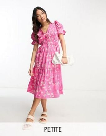 Asos Influence petite gingham midi dress with floral print in pink offer