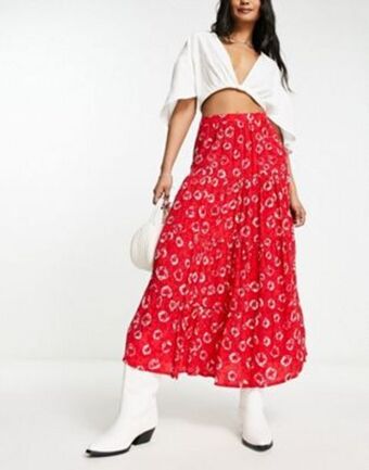 Asos Whistles tie dye floral tiered midi skirt in red offer