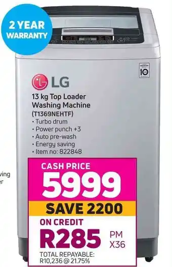 Game LG 13 kg Top Loader Washing Machine (T1369NEHTF) offer