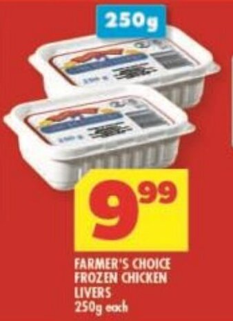 Usave FARMER'S CHOICE FROZEN CHICKEN LIVERS 250g each offer