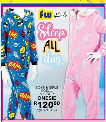Fashion World Boys & girls coral velour onesie offer