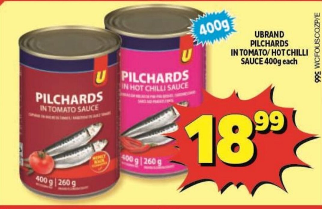 UBRAND PILCHARDS IN TOMATO/HOT CHILLI SAUCE 400g each offer at Usave