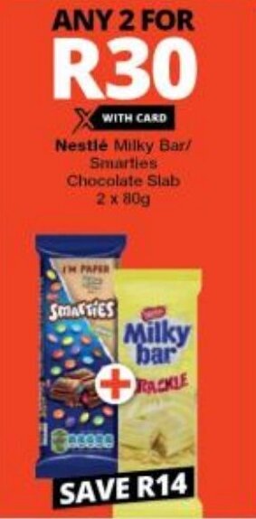 Checkers Nestlé Milky Bar/ Smarties Chocolate Slab 2 x 80g offer