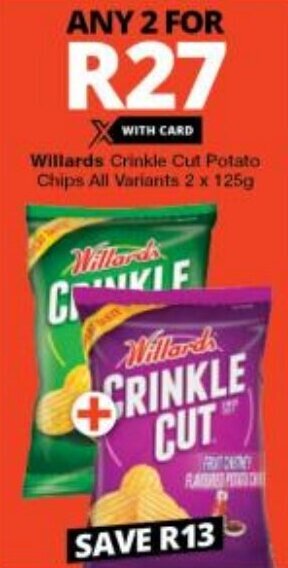 Checkers Willards Crinkle Cut Potato Chips All Variants 2 x 125g offer