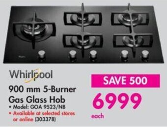 Whirlpool 900 mm 5-Burner Gas Glass Hob